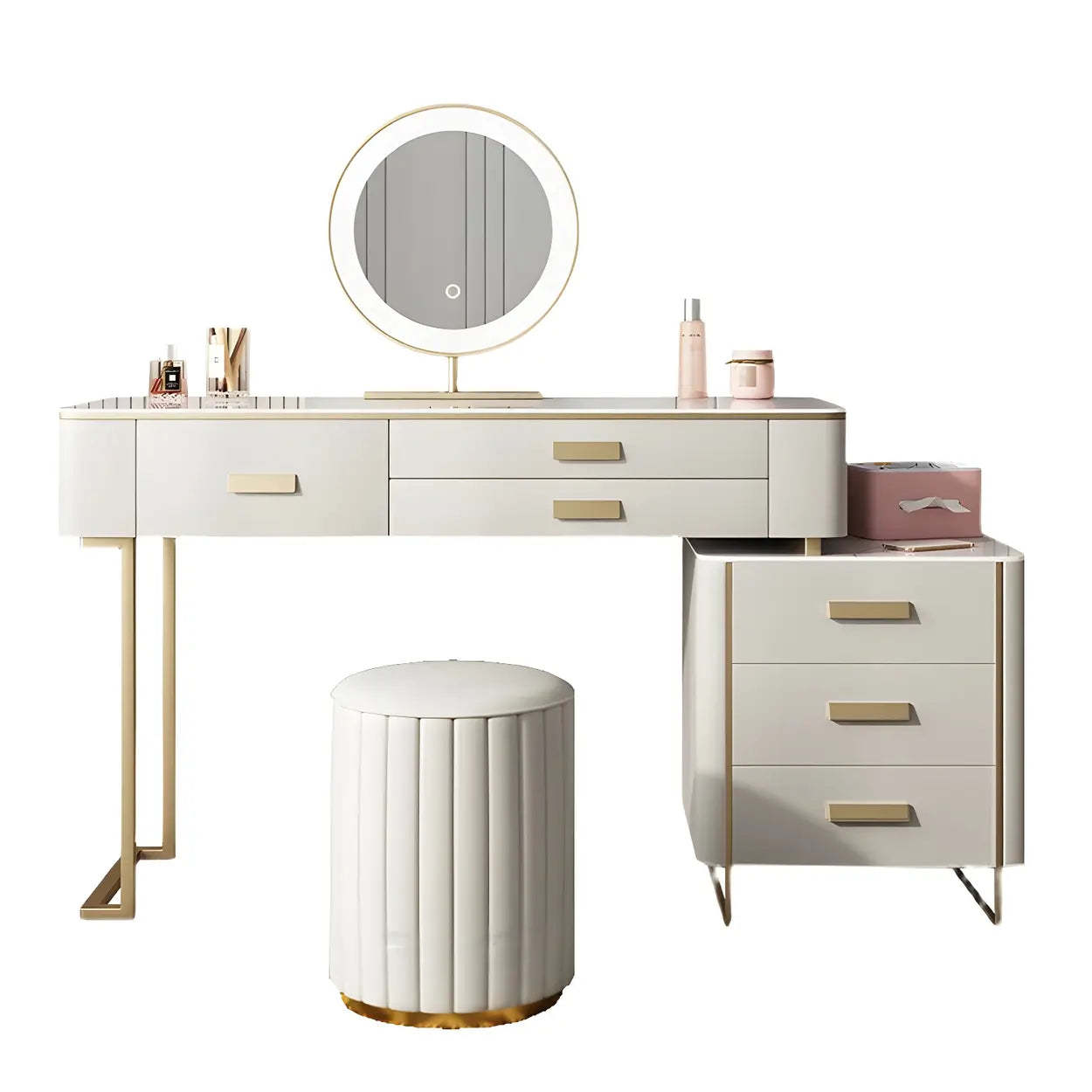 Off-White Stone-Top Wood Vanity with Drawers — Makeup Vanity & Mirror & Stools