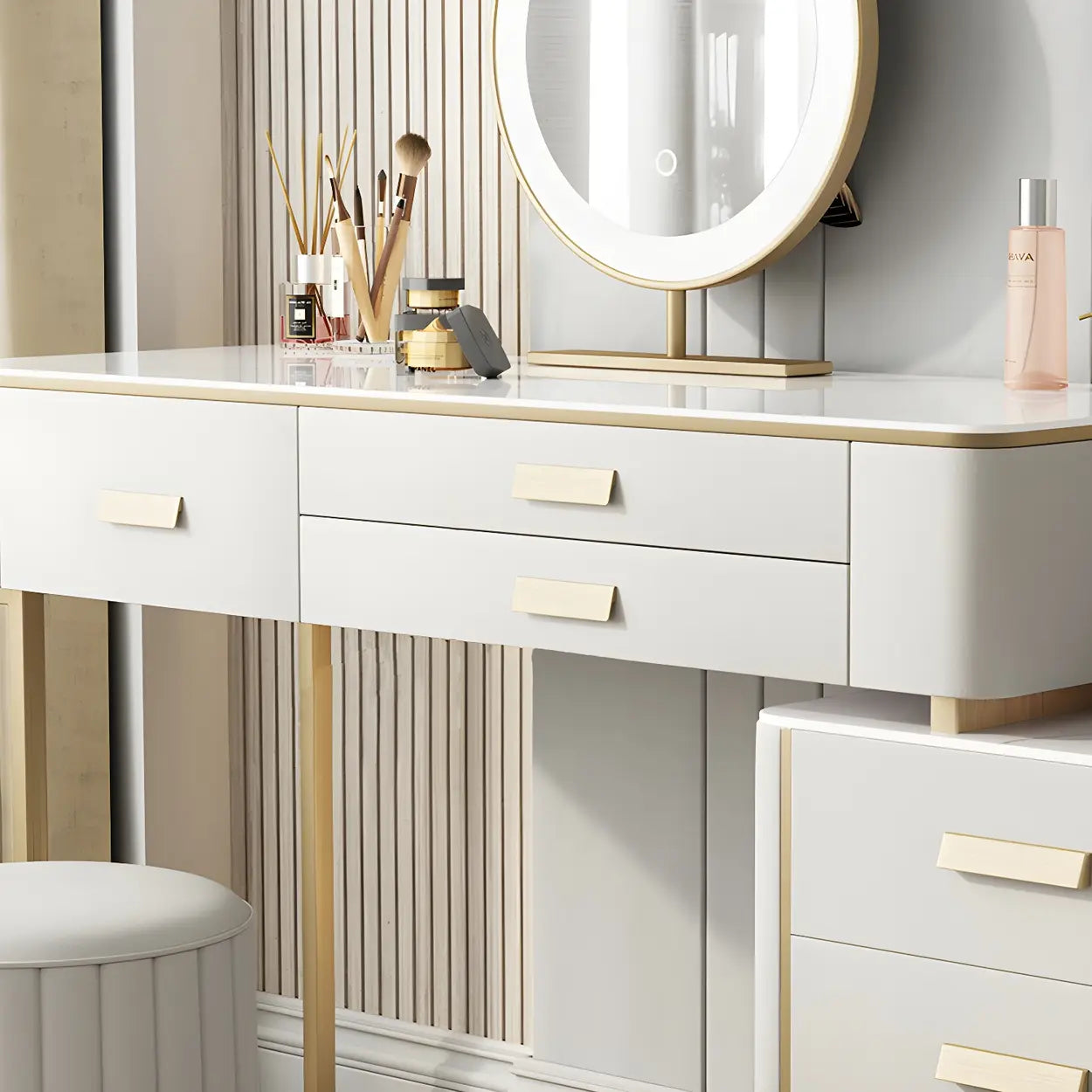 Off-White Stone-Top Wood Vanity with Drawers