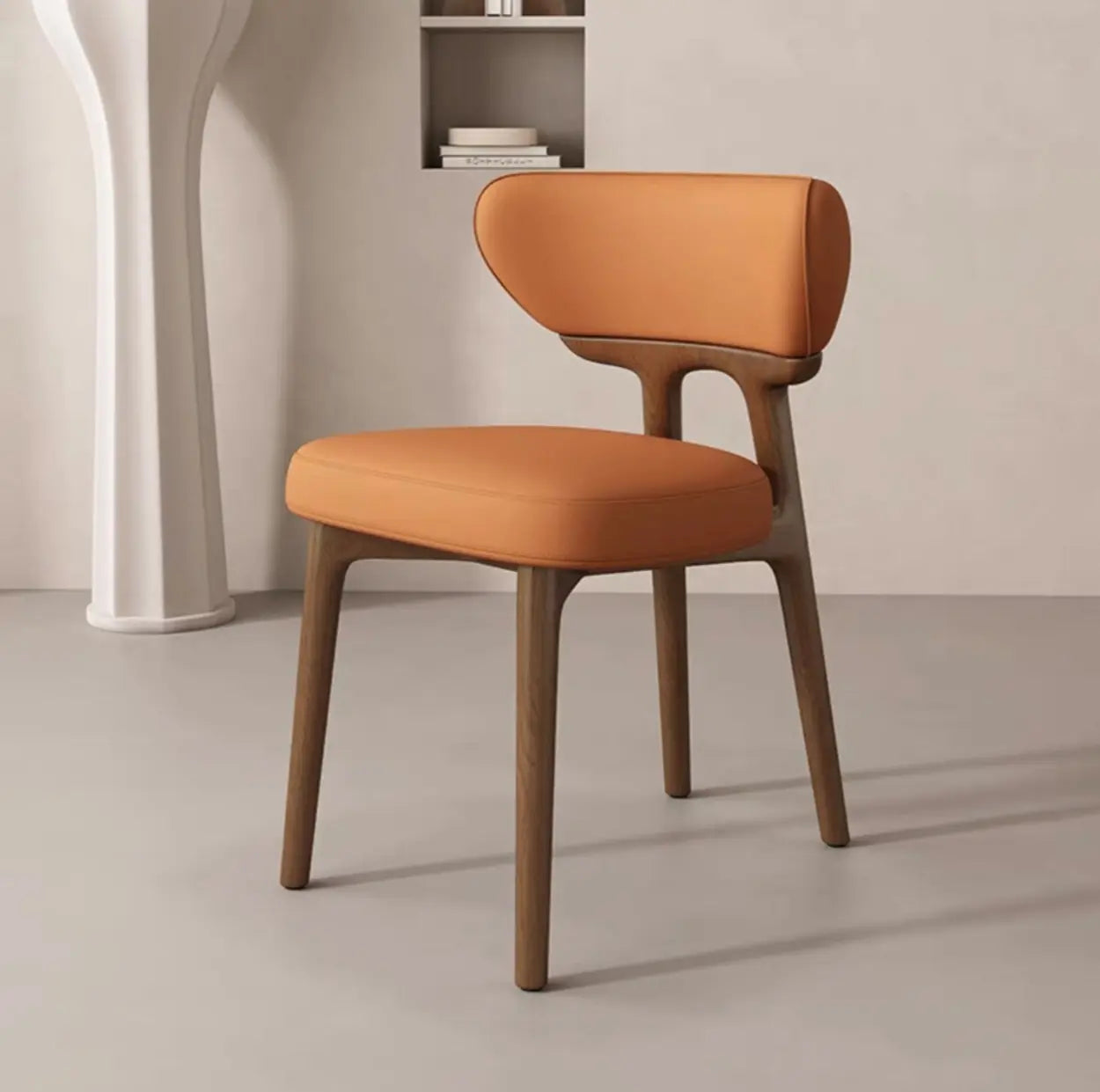 Off-White Upholstered Wood Dining Chair — Beige / Walnut / Microfiber Leather