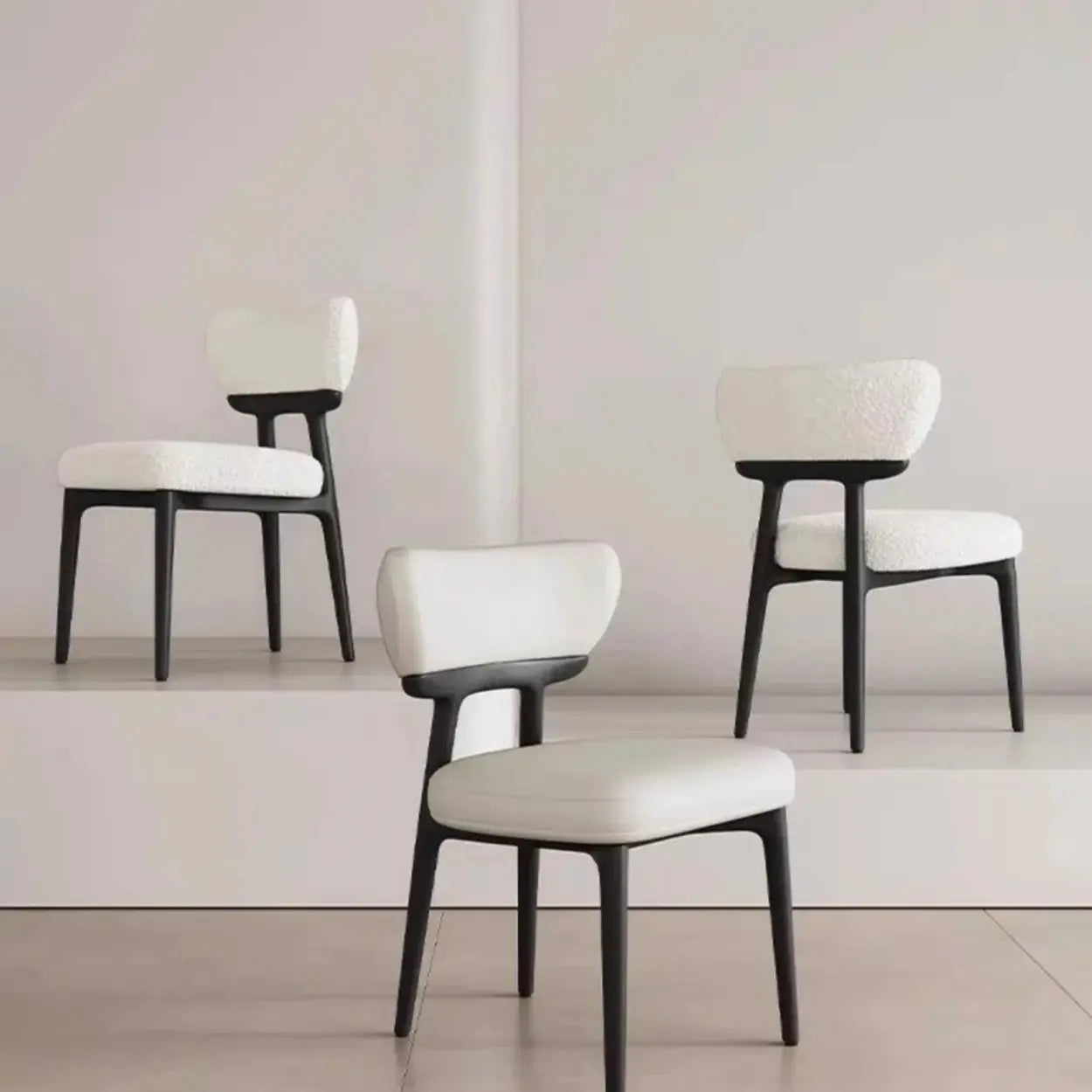 Off-White Upholstered Wood Dining Chair — Grey / Black / Sherpa