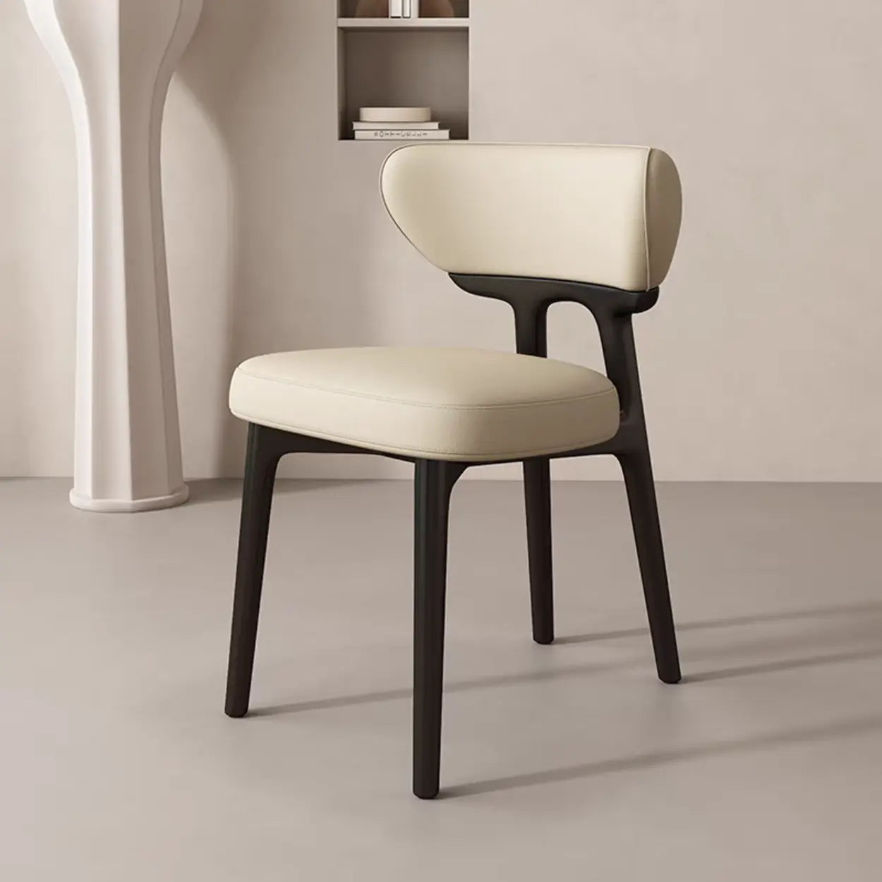 Off-White Upholstered Wood Dining Chair — Off-White / Black / Microfiber Leather