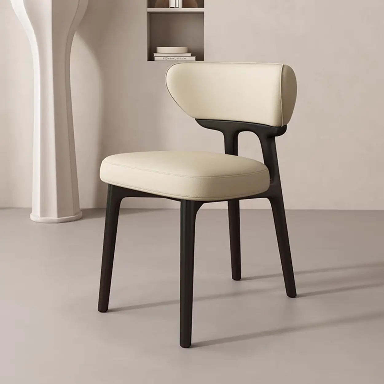 Off-White Upholstered Wood Dining Chair — Off-White / Black / Microfiber Leather