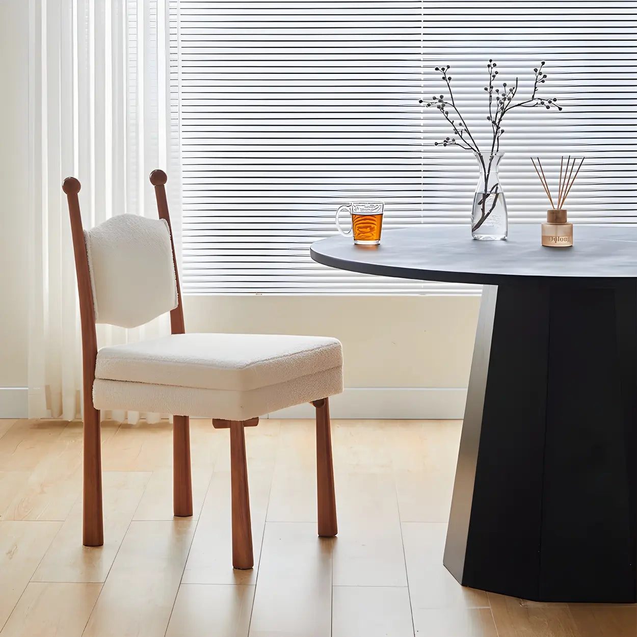 Off-White Upholstered Round-Back Wood Dining Chair