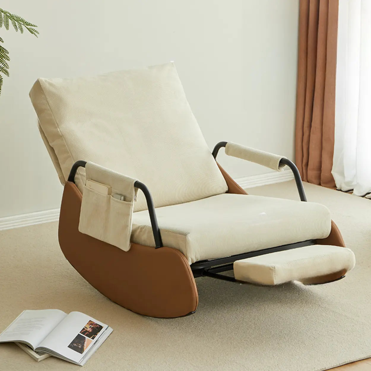 Off-White Upholstered Track Arm Metal Leg Rocking Chair — Off-White
