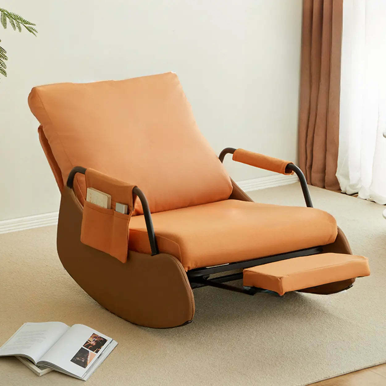 Off-White Upholstered Track Arm Metal Leg Rocking Chair — Orange