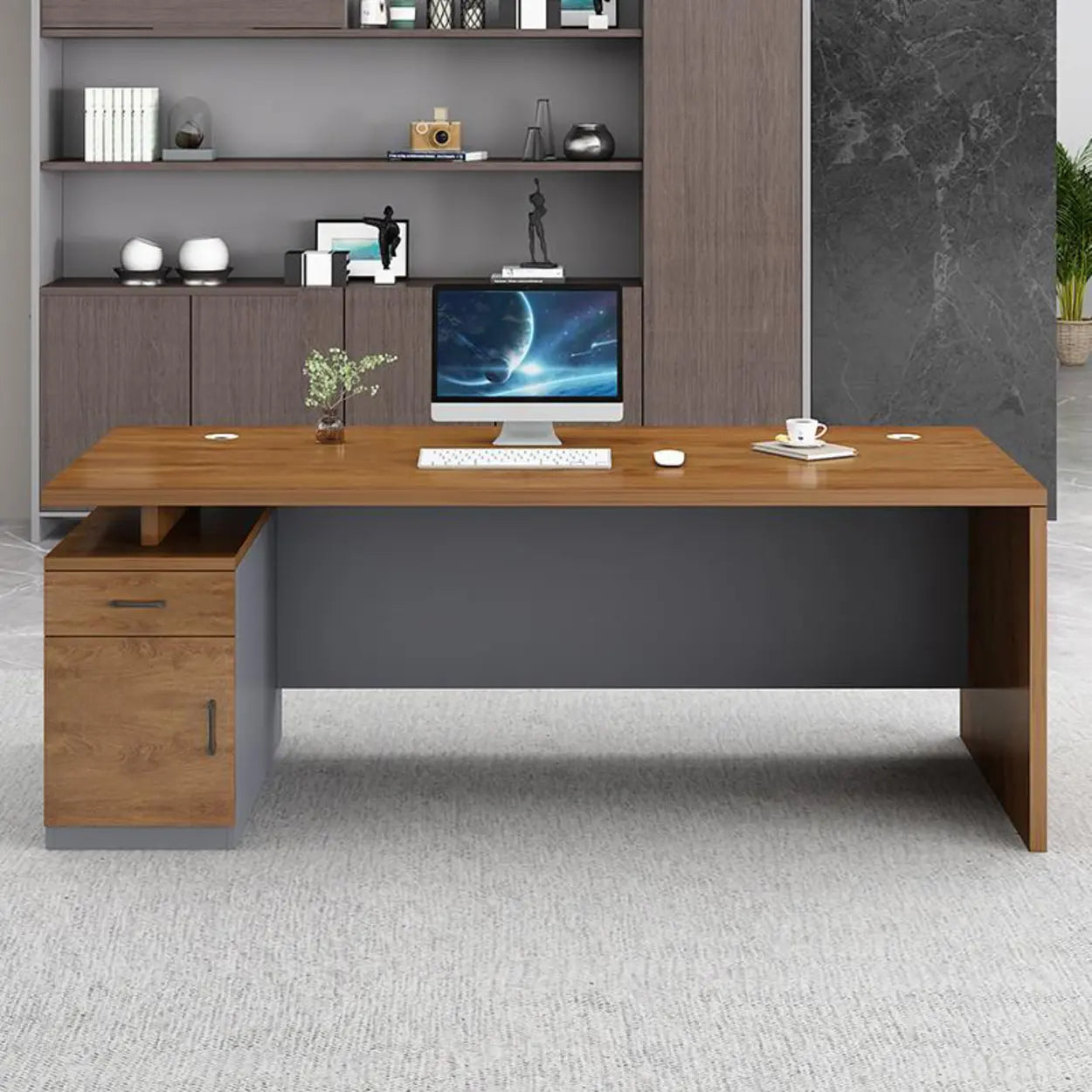 Wooden Black-Base Executive Office Desk — Nut-Brown / Table Only