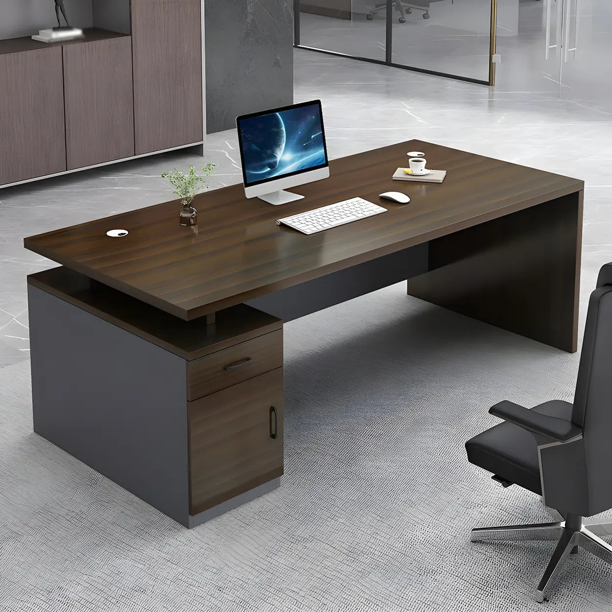 Wooden Black-Base Executive Office Desk — Oak / Table Only