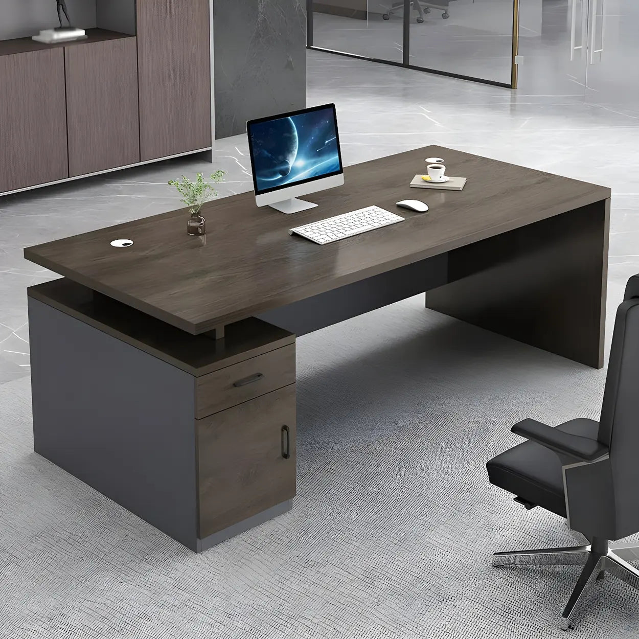 Wooden Black-Base Executive Office Desk — Brown/ Gold / Table Only