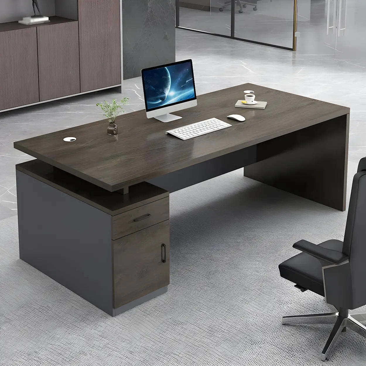 Wooden Black-Base Executive Office Desk — Brown/ Gold / Table Only