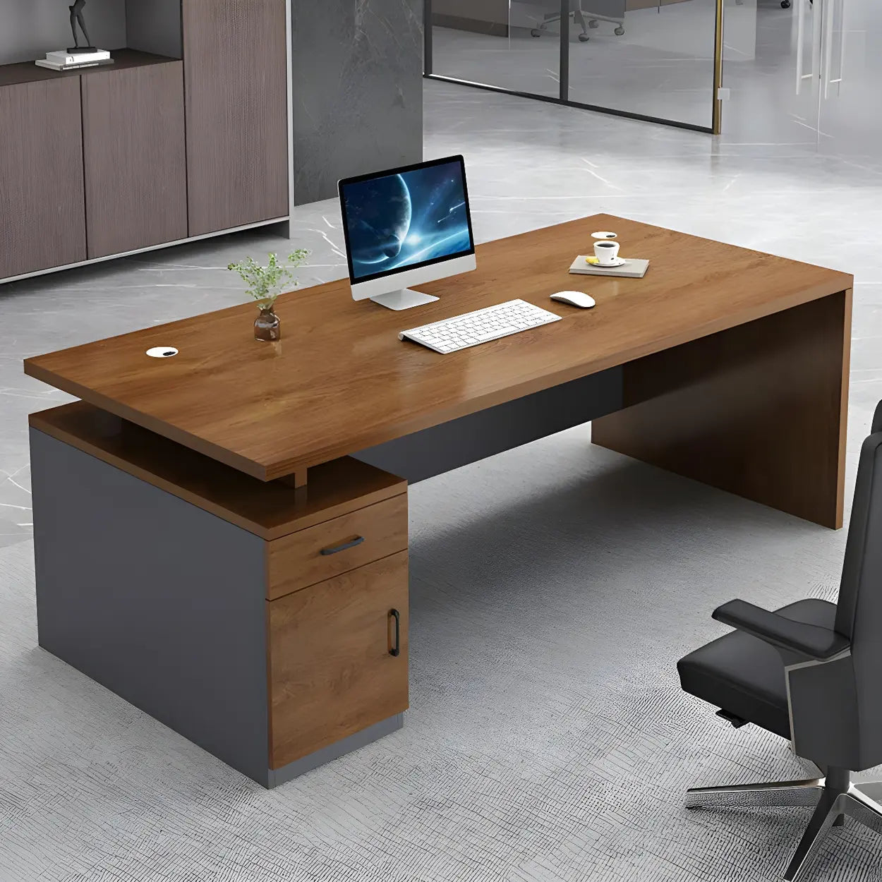 Wooden Black-Base Executive Office Desk — Coffee / Table Only