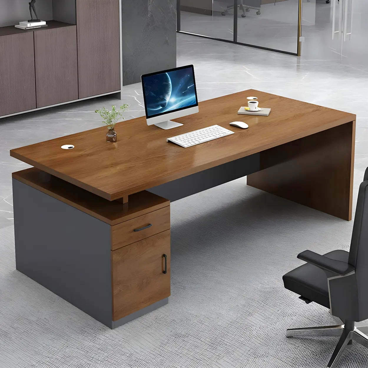 Wooden Black-Base Executive Office Desk — Coffee / Table Only