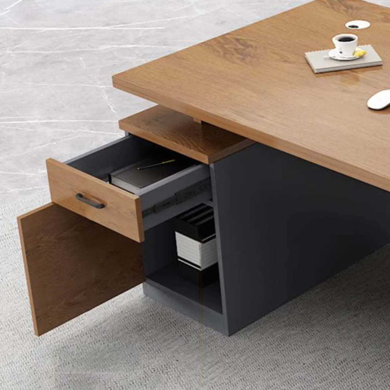 Wooden Black-Base Executive Office Desk — Oak / Table Only