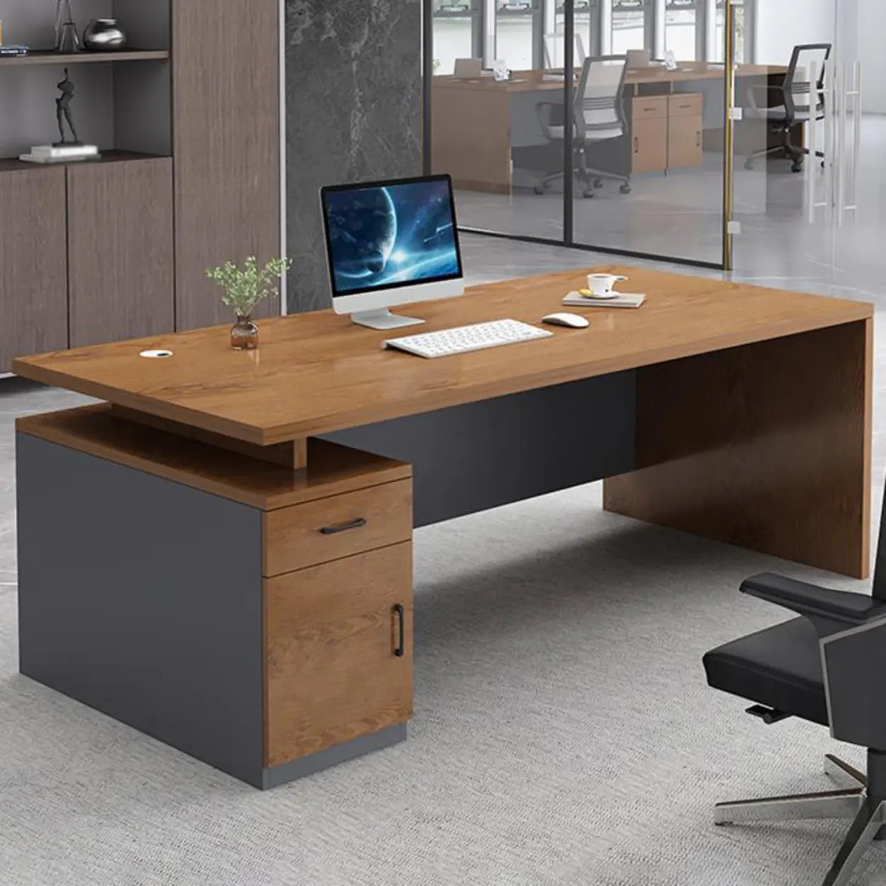 Wooden Black-Base Executive Office Desk — Brown/ Gold / Table Only
