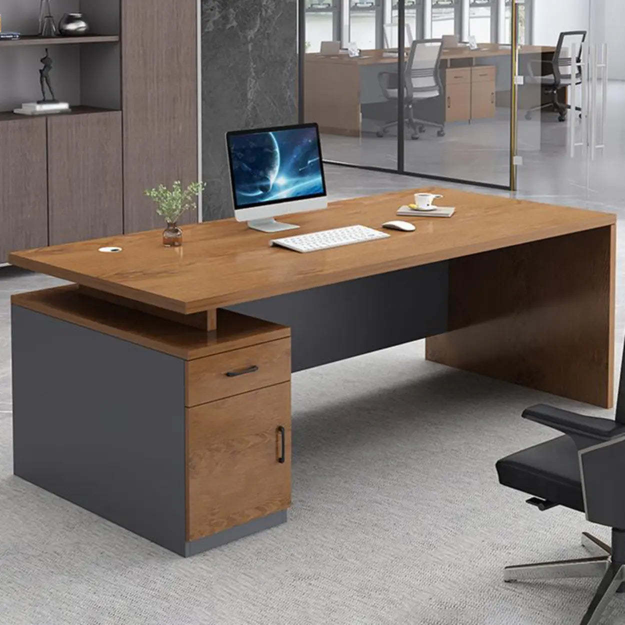Wooden Black-Base Executive Office Desk — Brown/ Gold / Table Only