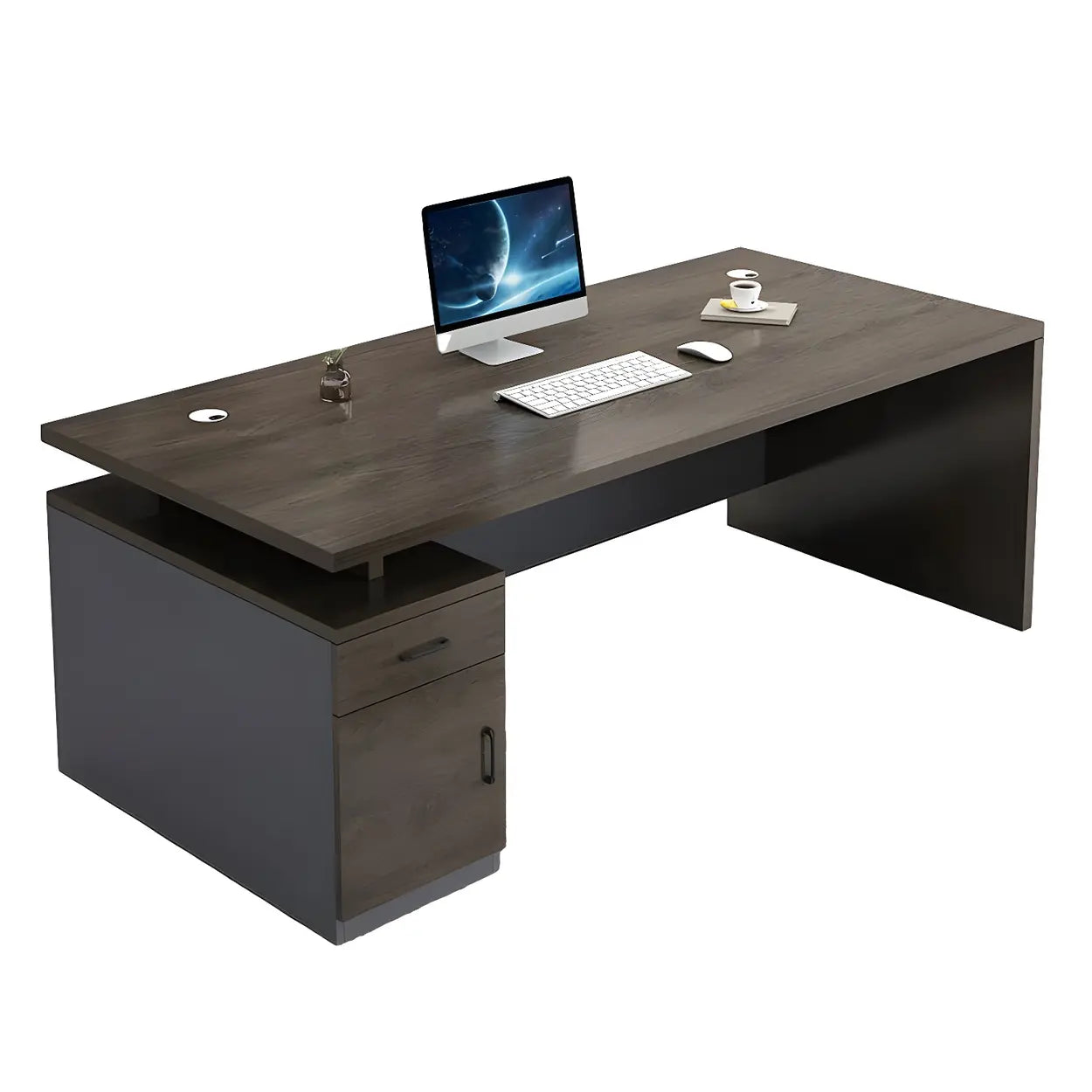 Wooden Black-Base Executive Office Desk — Nut-Brown / Table Only