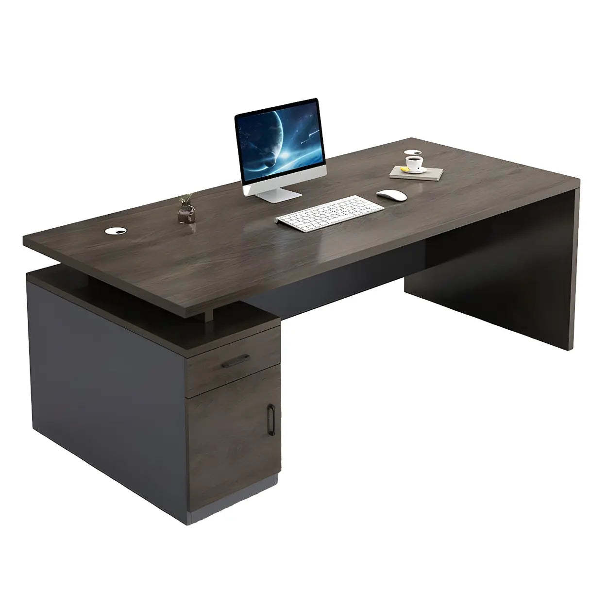 Wooden Black-Base Executive Office Desk — Nut-Brown / Table Only