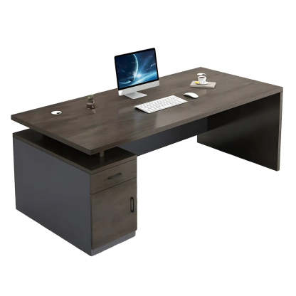 Wooden Black-Base Executive Office Desk — Nut-Brown / Table Only