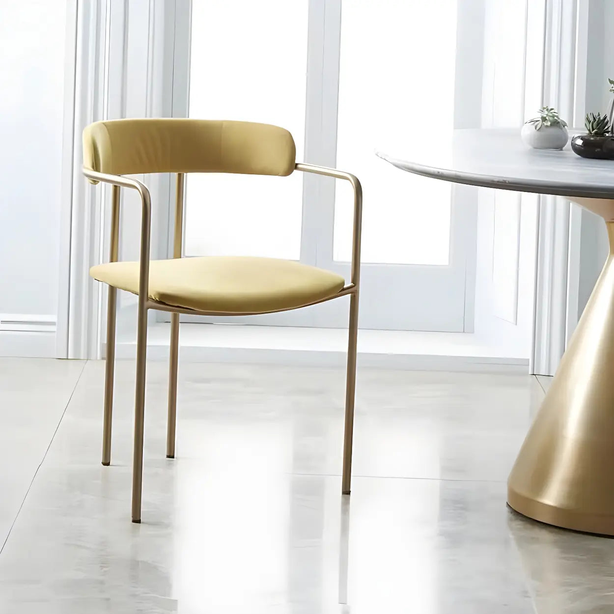 Open-Back Microfiber Upholstered Dining Arm Chair — Beige / 2 Piece Set / Silver