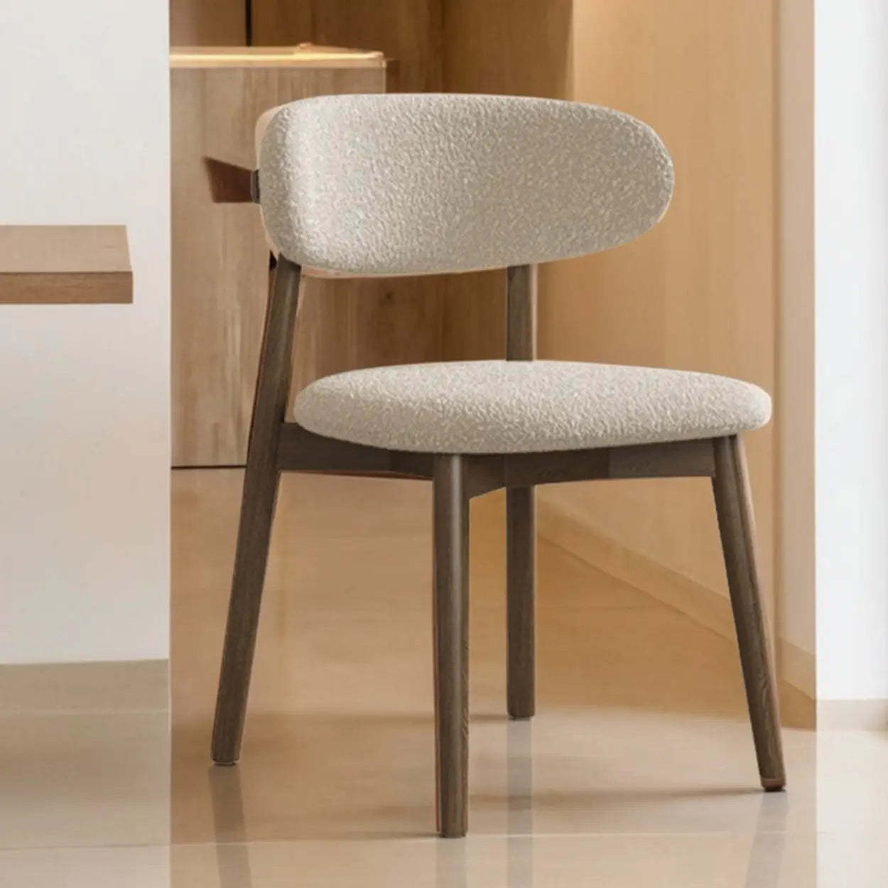 Beige Open-Back Round Padded Wood Dining Chair