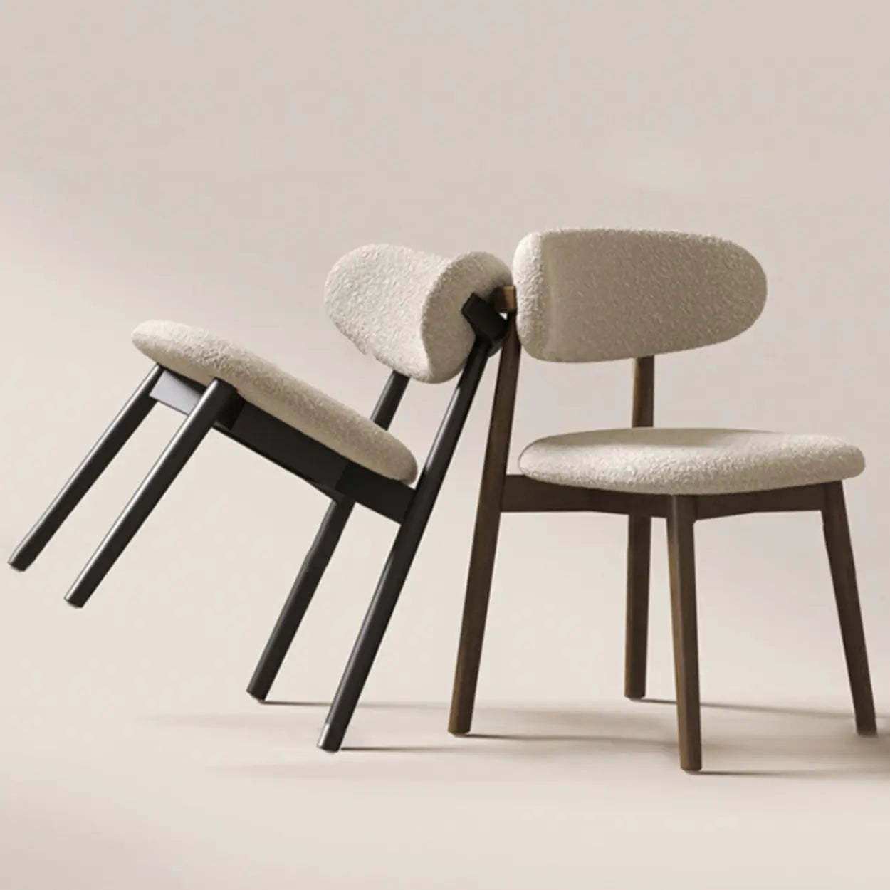 Beige Open-Back Round Padded Wood Dining Chair — Black
