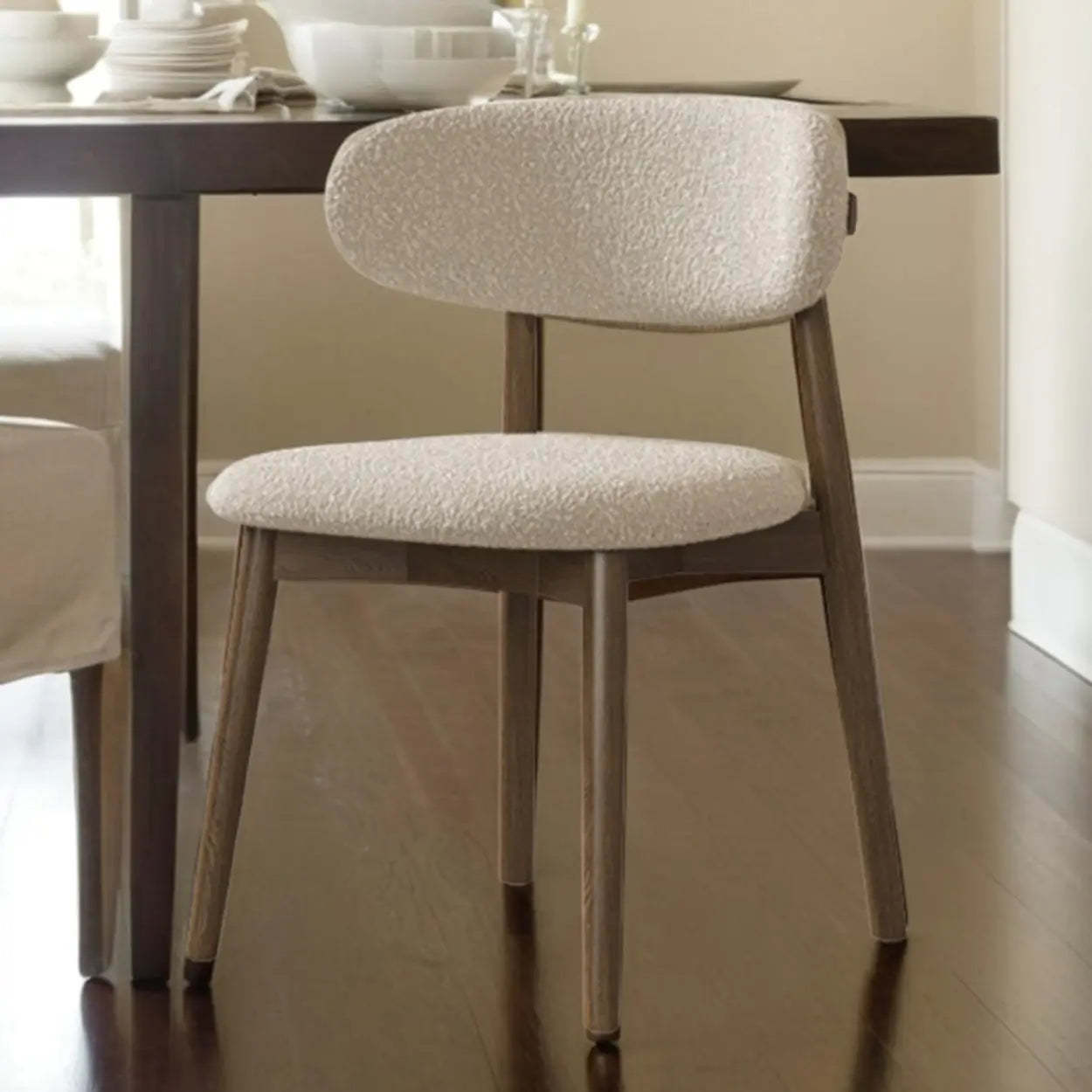 Beige Open-Back Round Padded Wood Dining Chair