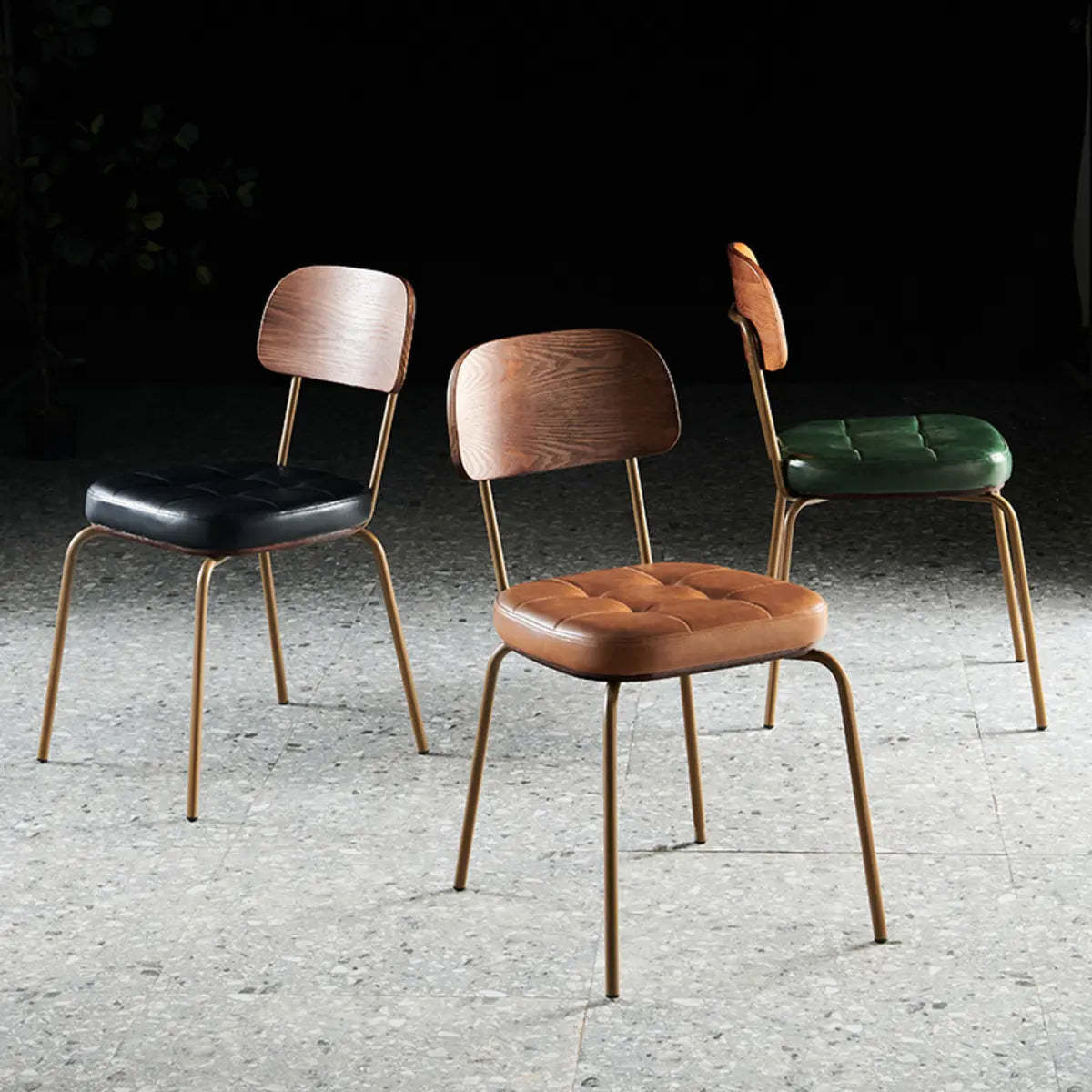 Open-Back Tufted Leather Metal Dining Chair — Black / With Arms