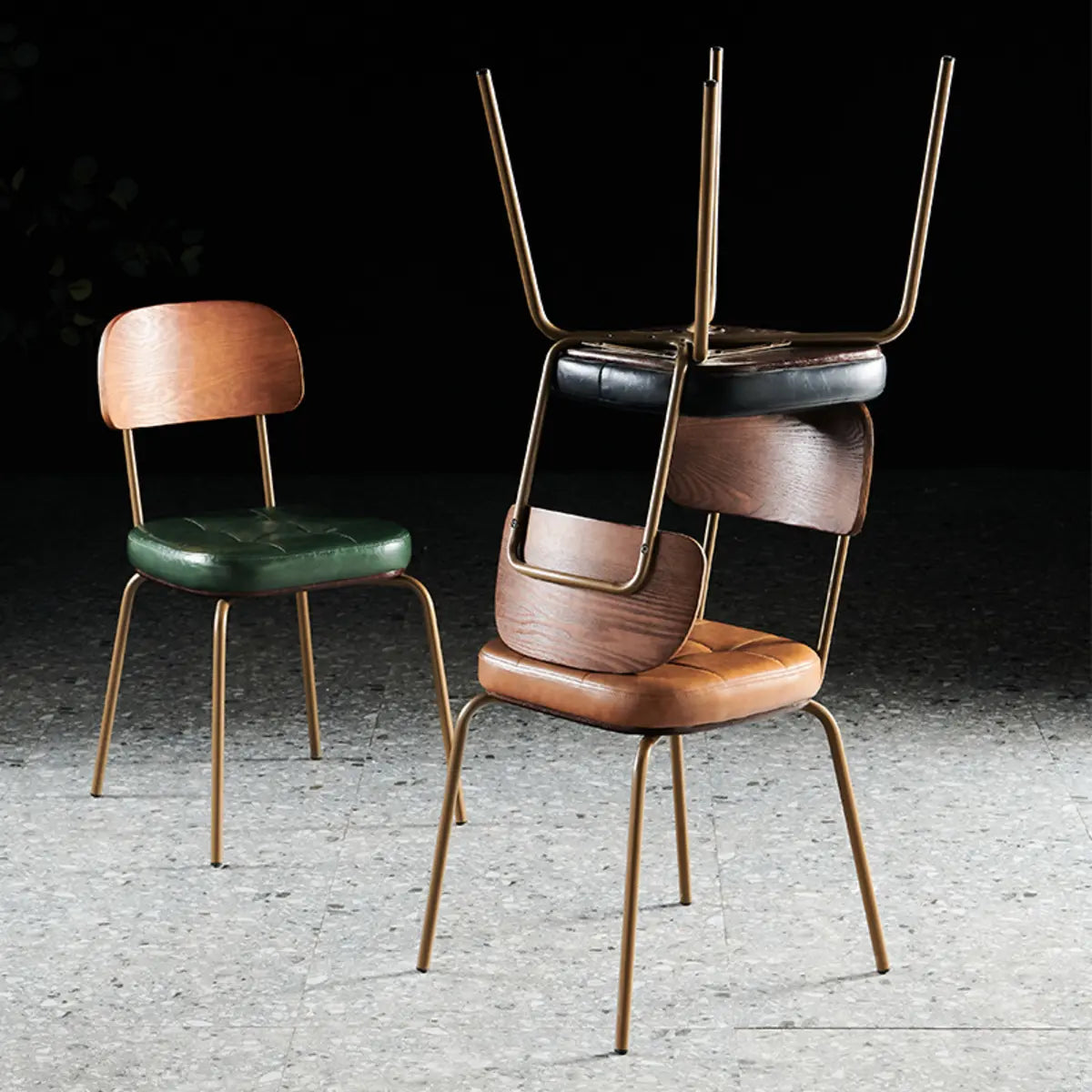Open-Back Tufted Leather Metal Dining Chair — Brown / Armless