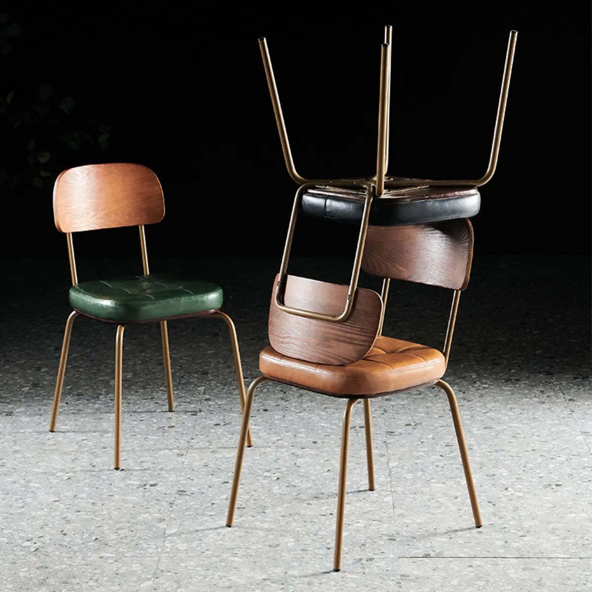 Open-Back Tufted Leather Metal Dining Chair — Brown / Armless