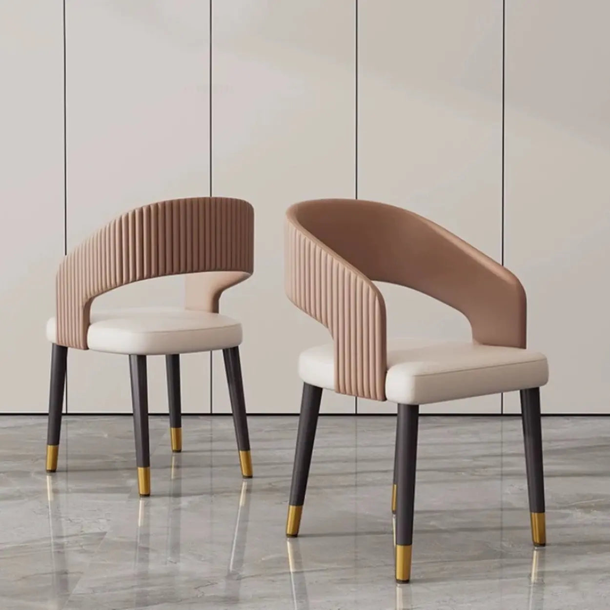 Curved Ribbed Leather Dining Chair — Light Coffee