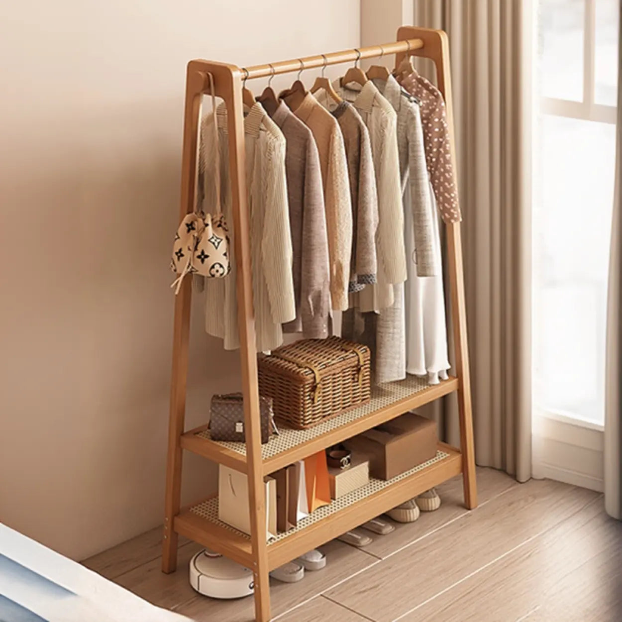A-Frame Bamboo Coat Rack with Shelves — Black / 1