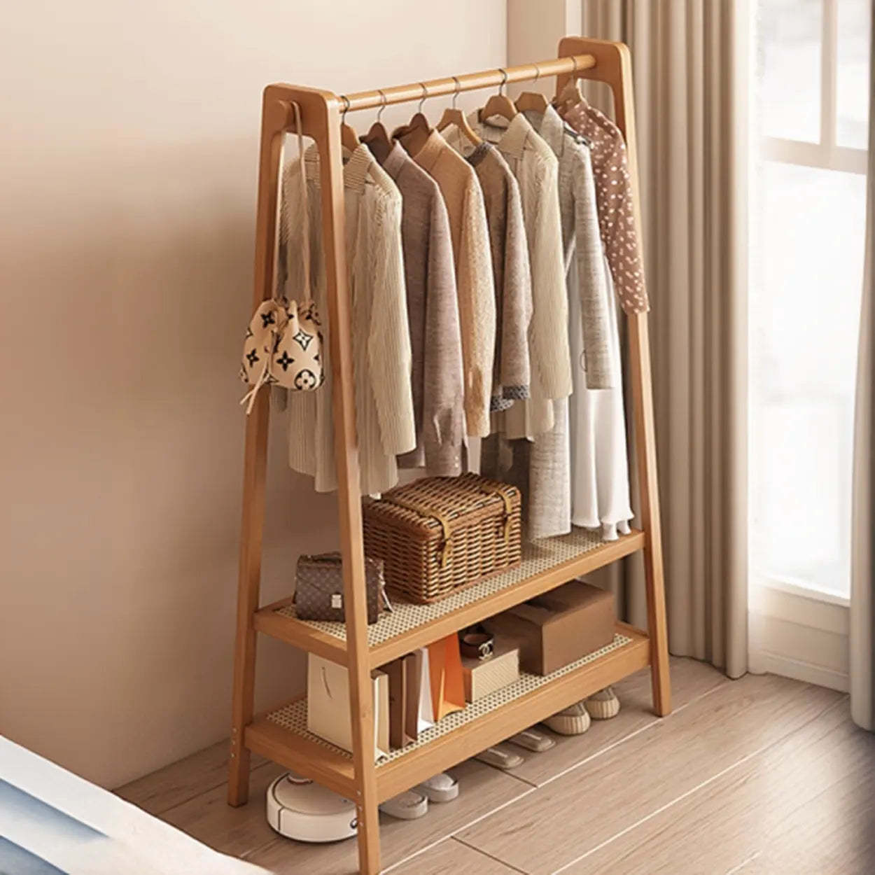 A-Frame Bamboo Coat Rack with Shelves — Black / 1