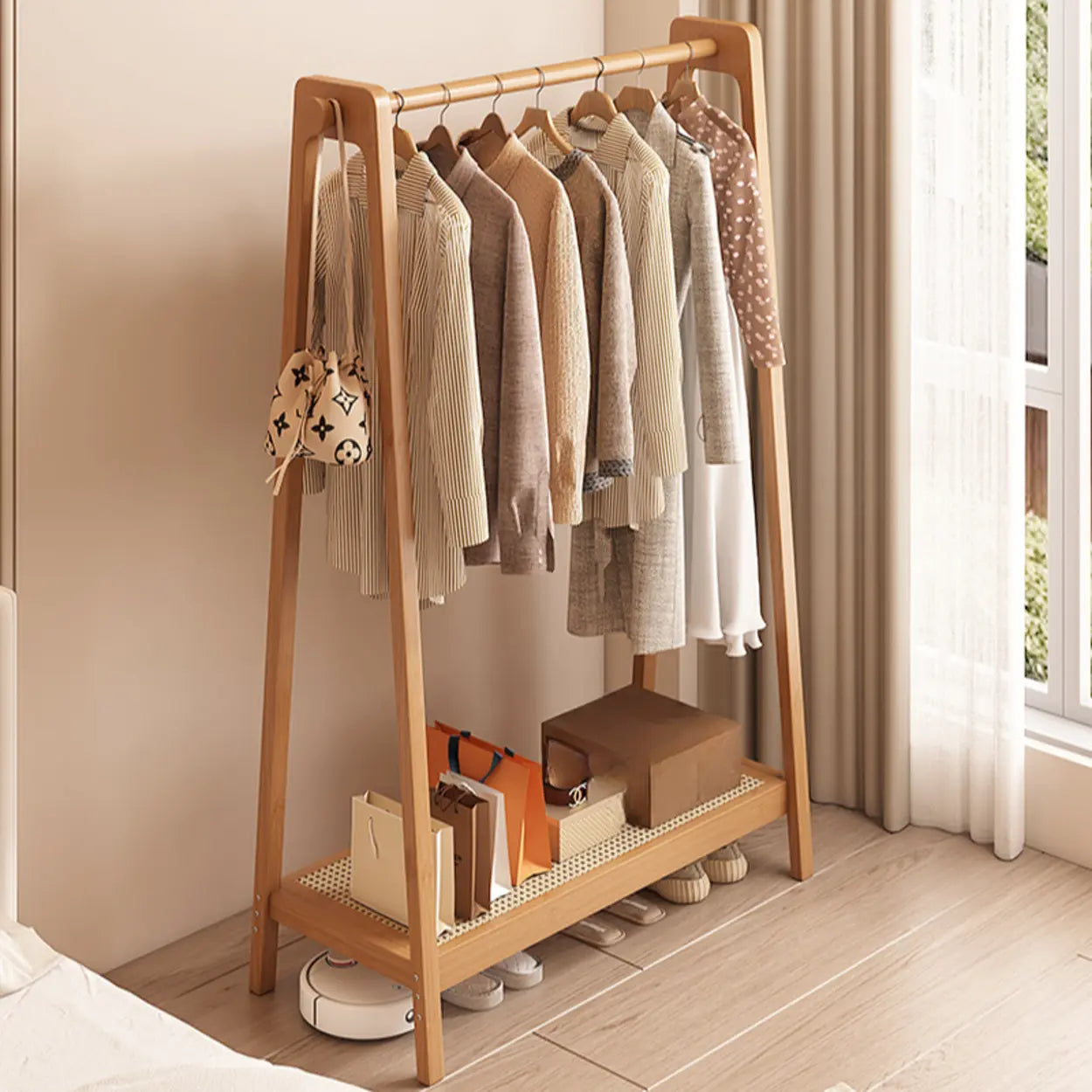 A-Frame Bamboo Coat Rack with Shelves — Walnut / 2