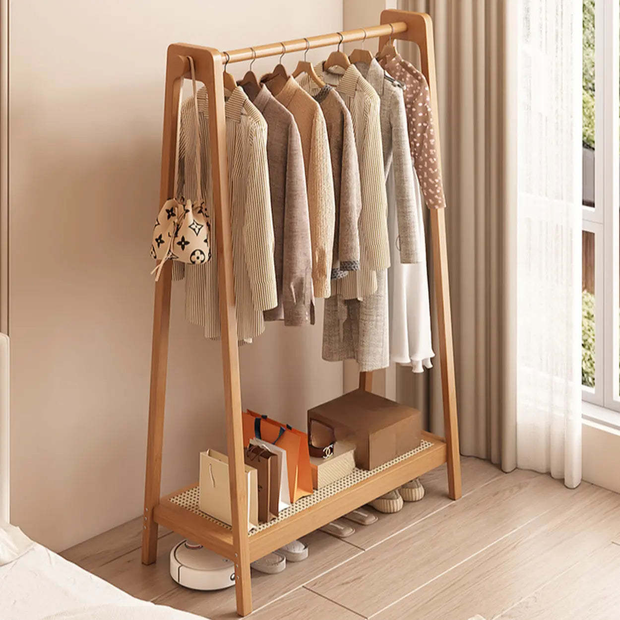 A-Frame Bamboo Coat Rack with Shelves — Walnut / 2