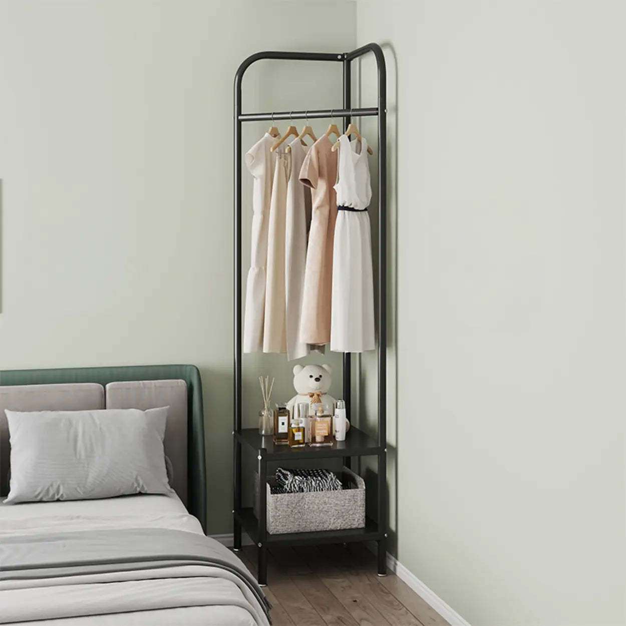 Open Bedside Metal Hall Tree with Shelves — Black