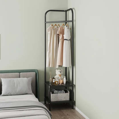 Open Bedside Metal Hall Tree with Shelves — Black