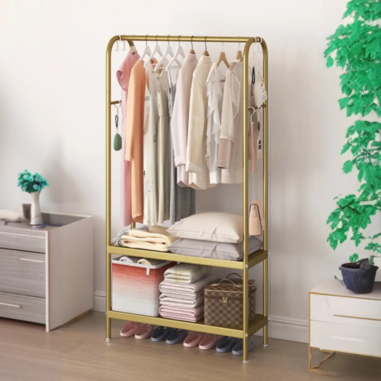 Open Bedside Metal Hall Tree with Shelves