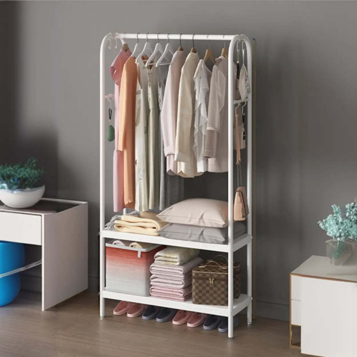 Open Bedside Metal Hall Tree with Shelves