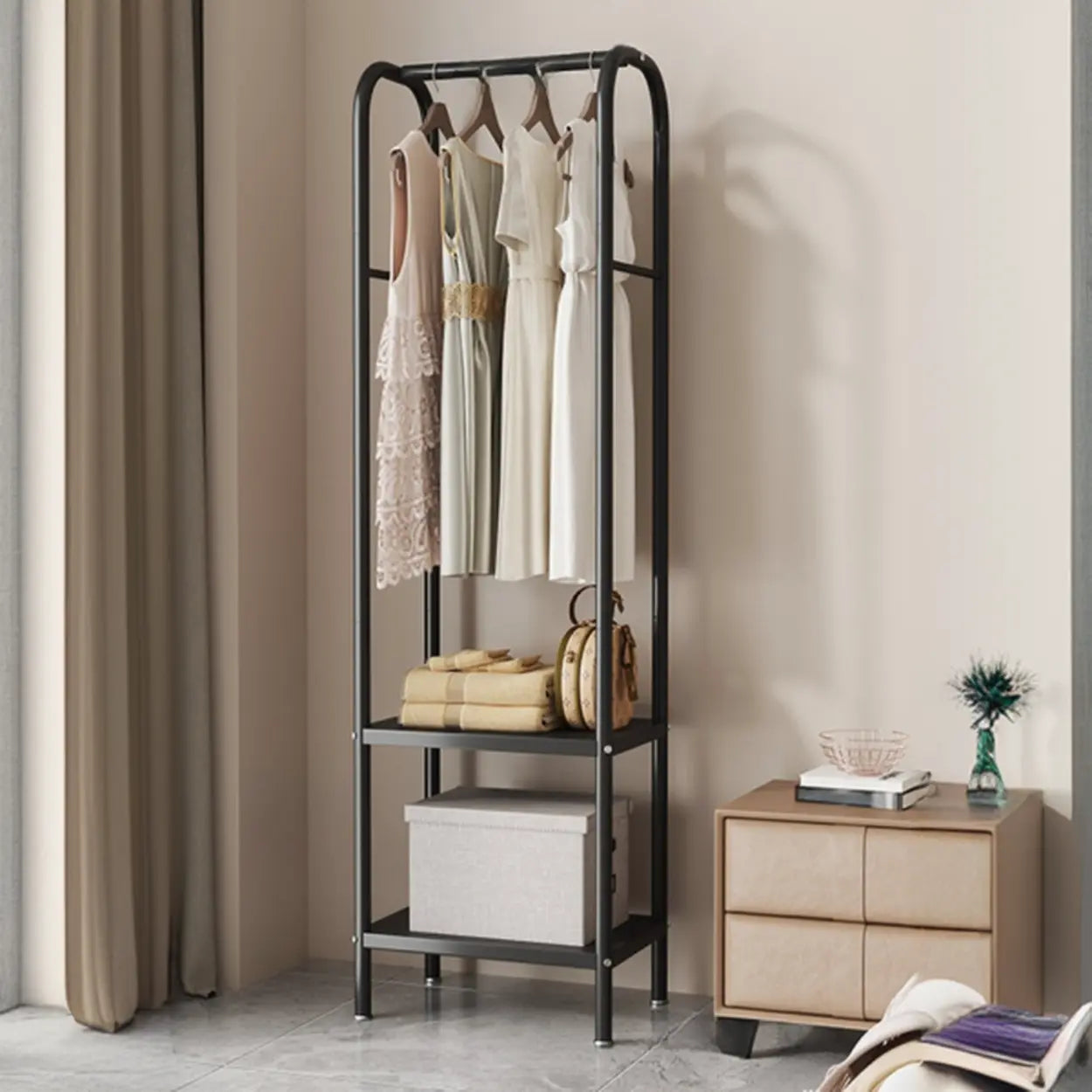 Open Bedside Metal Hall Tree with Shelves