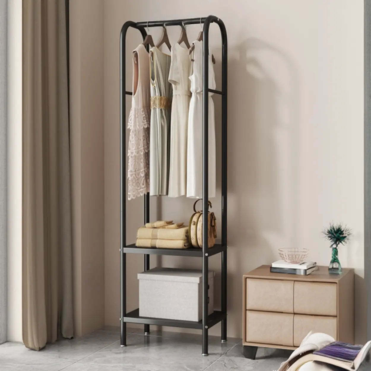 Open Bedside Metal Hall Tree with Shelves