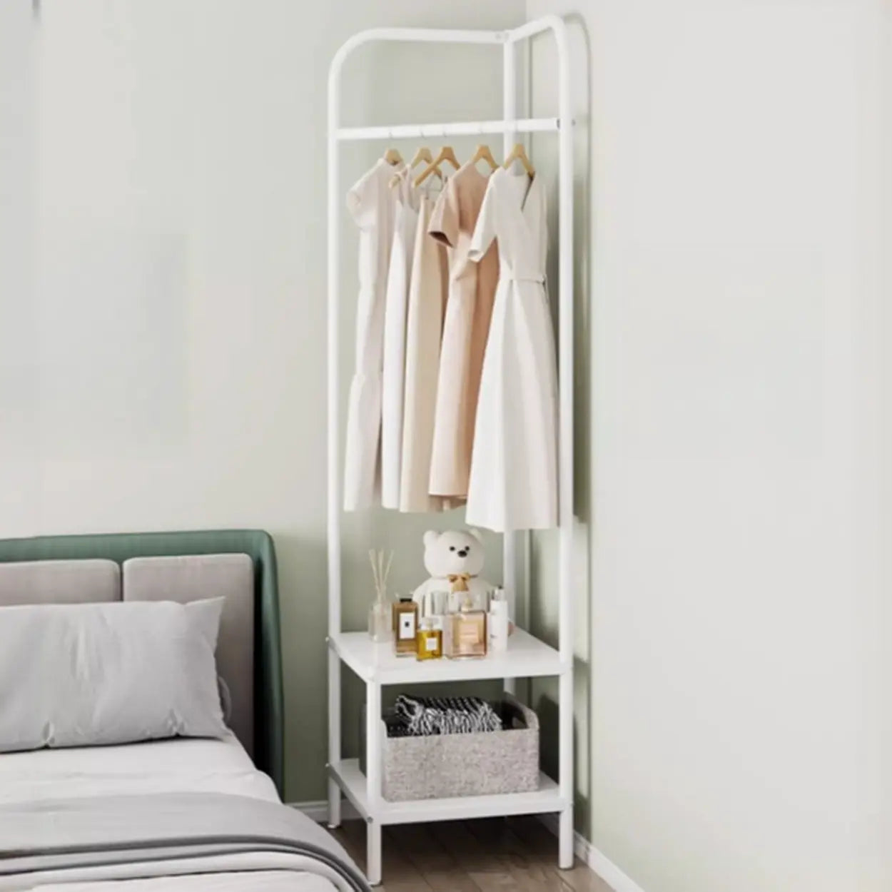 Open Bedside Metal Hall Tree with Shelves — Black