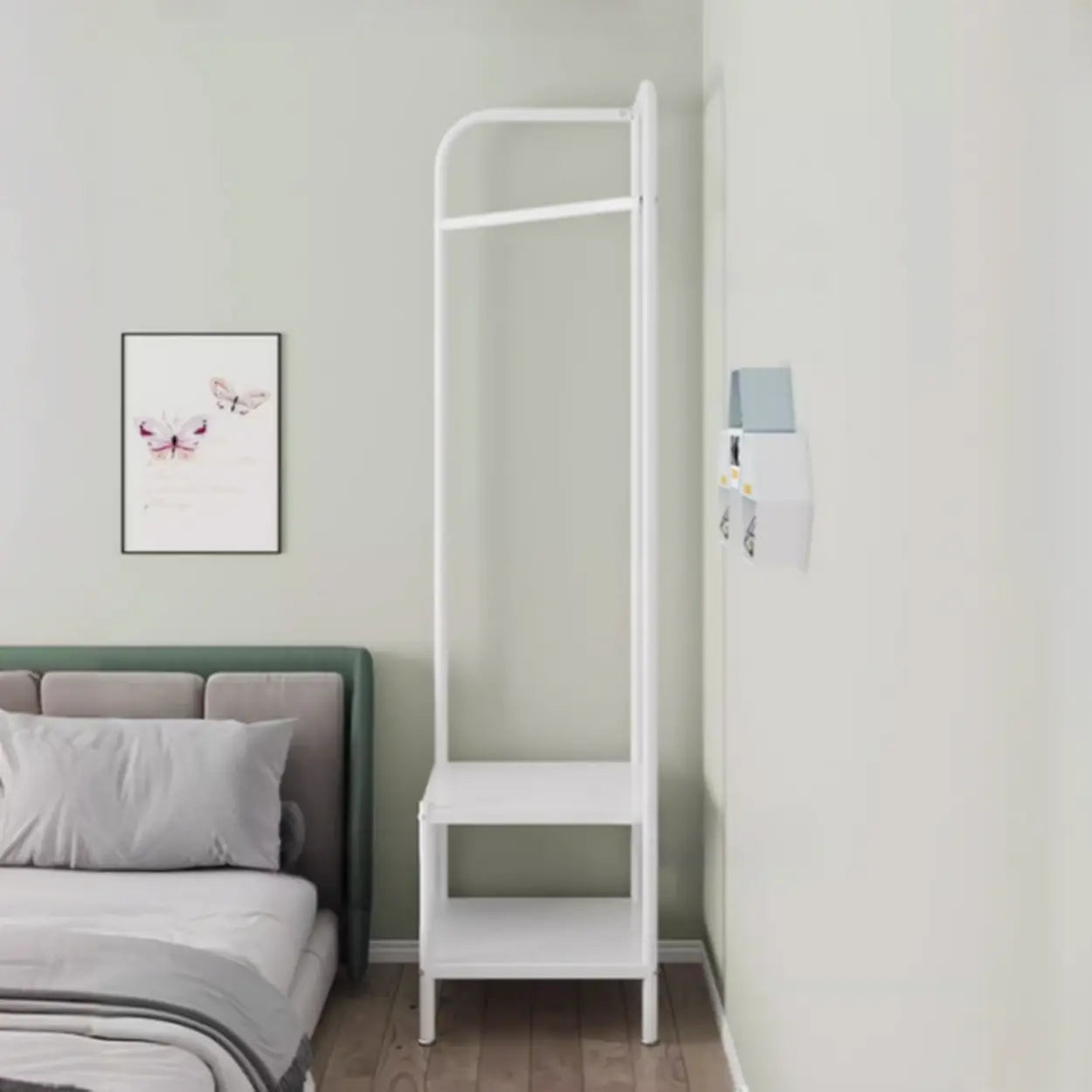 Open Bedside Metal Hall Tree with Shelves — Black