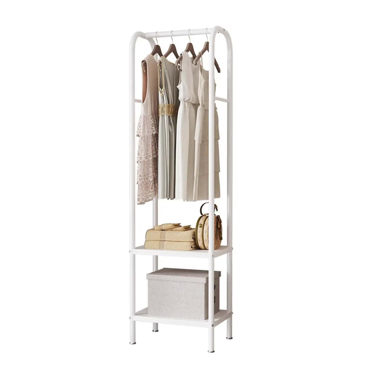 Open Bedside Metal Hall Tree with Shelves — White