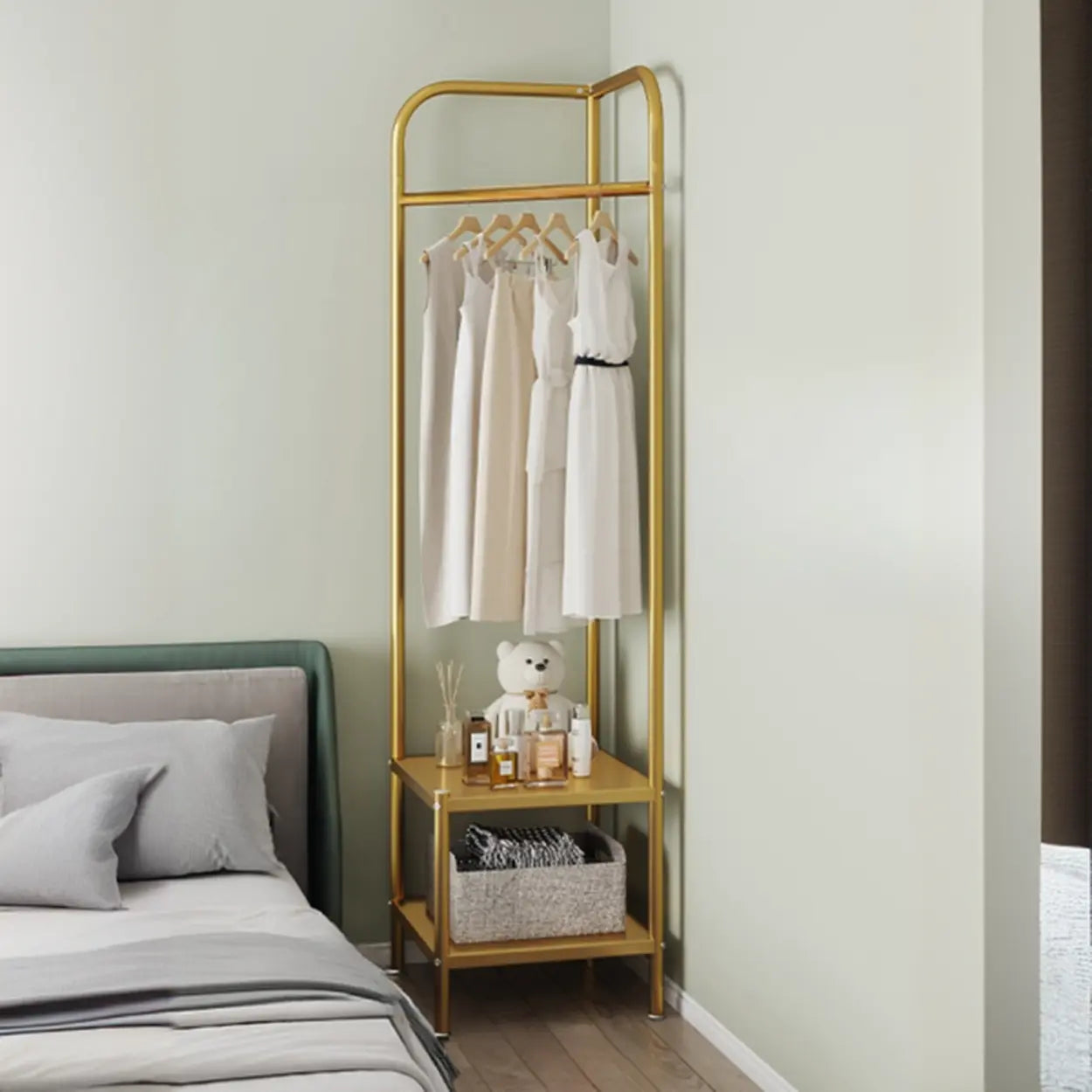 Open Bedside Metal Hall Tree with Shelves — Gold