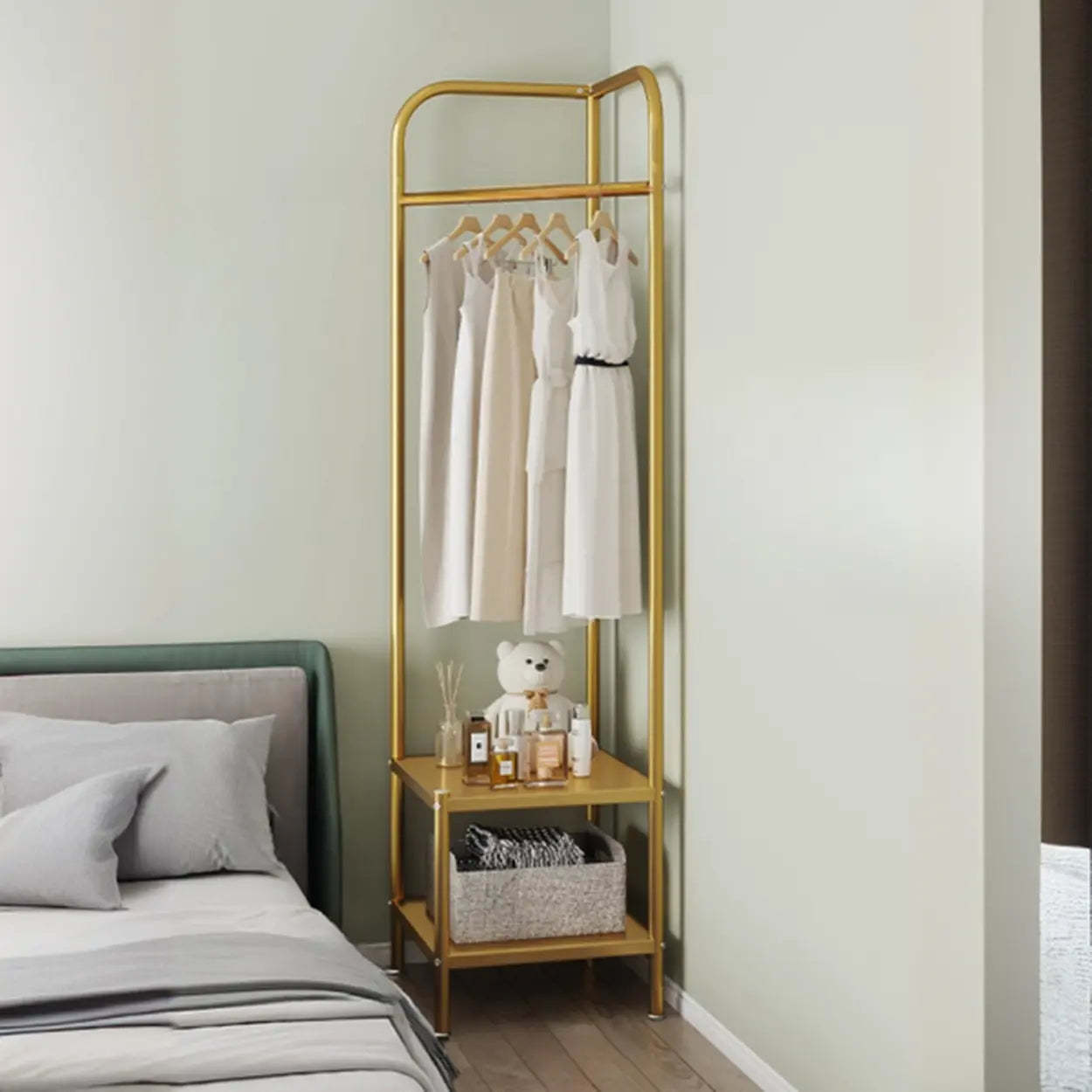 Open Bedside Metal Hall Tree with Shelves — Gold