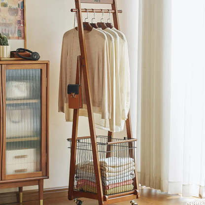 Brown A-Frame Wood Hall Tree with Basket
