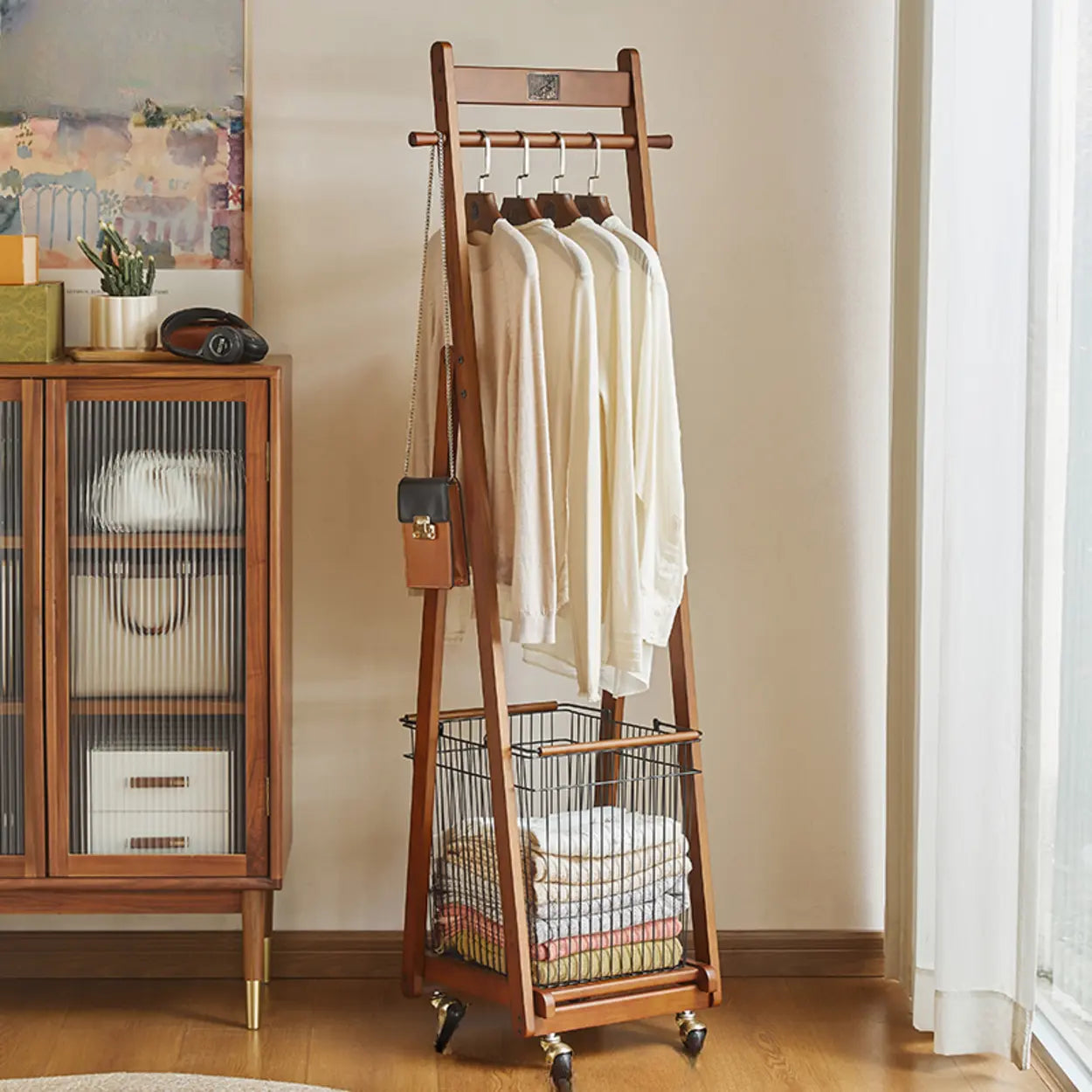 Brown A-Frame Wood Hall Tree with Basket