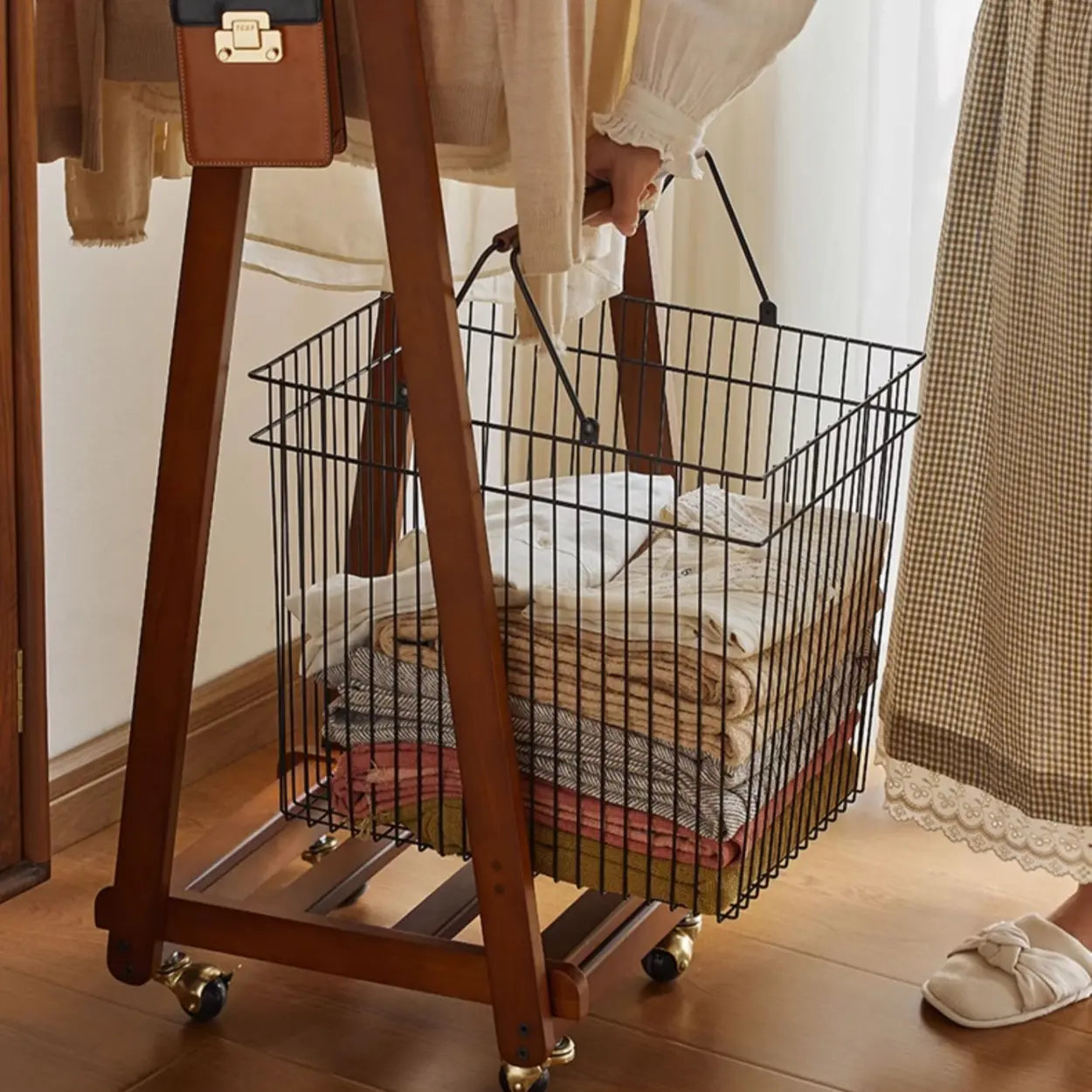 Brown A-Frame Wood Hall Tree with Basket
