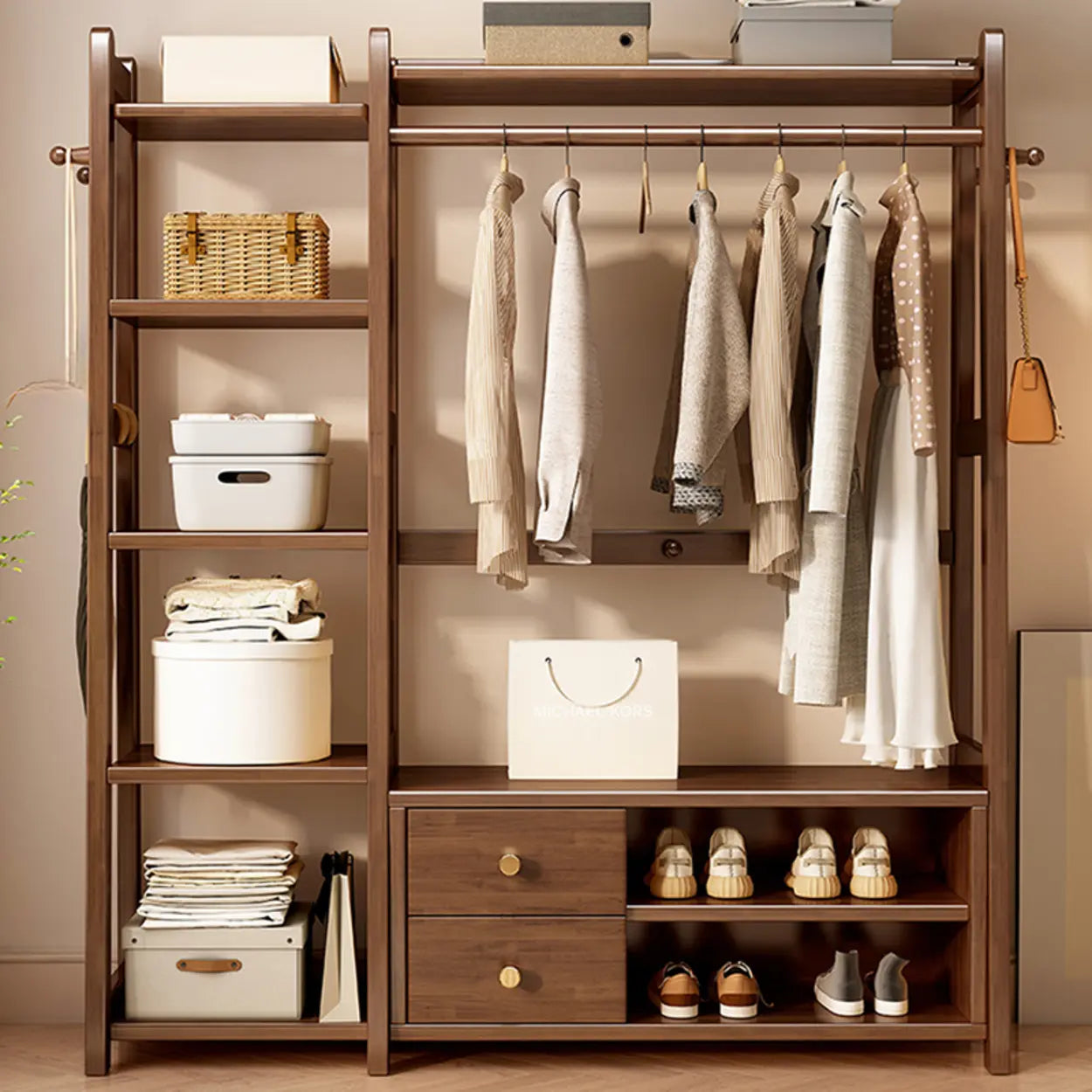 Brown Wood Coat Rack with Shelves and Drawers — Ivory / 2