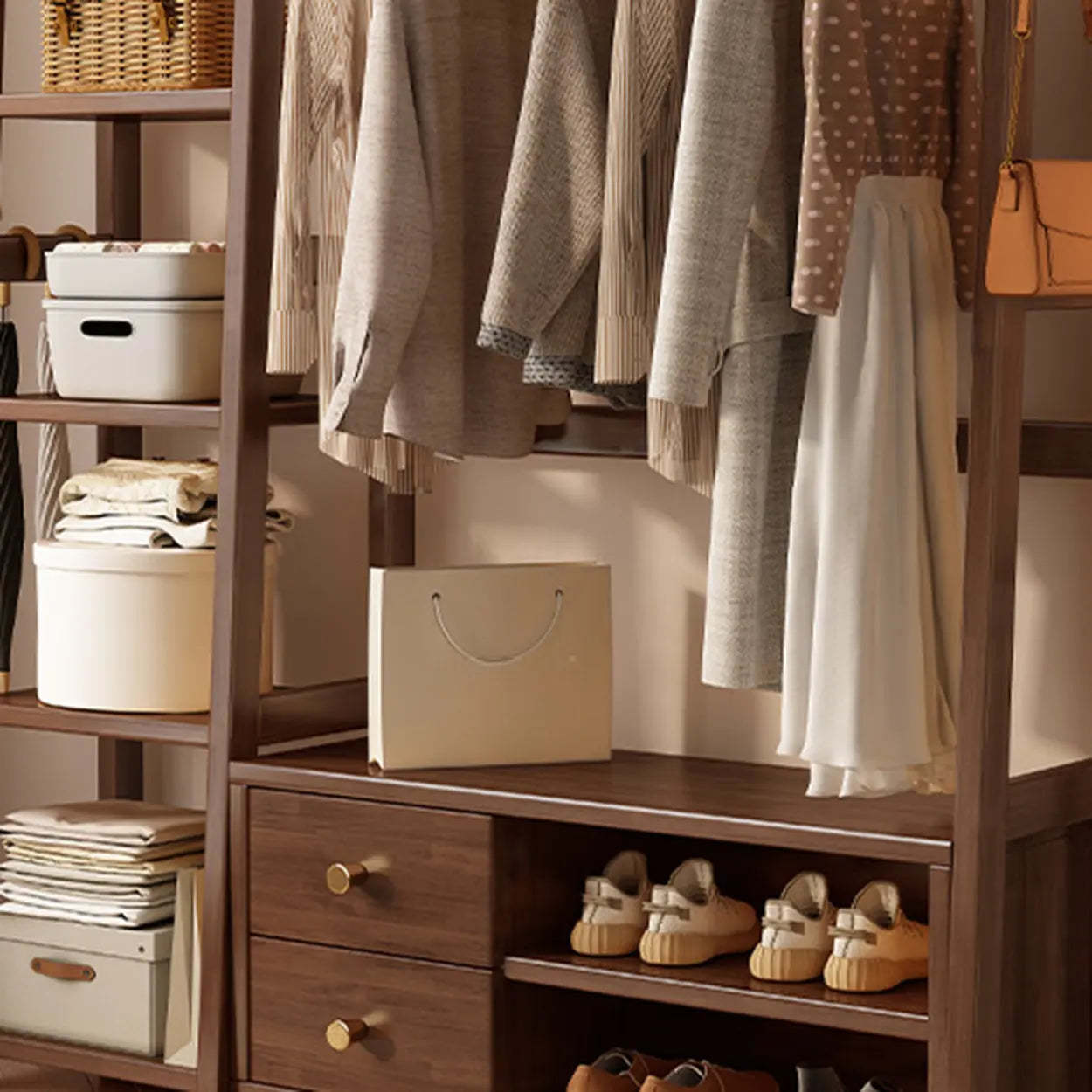 Brown Wood Coat Rack with Shelves and Drawers