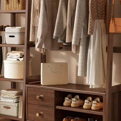 Brown Wood Coat Rack with Shelves and Drawers